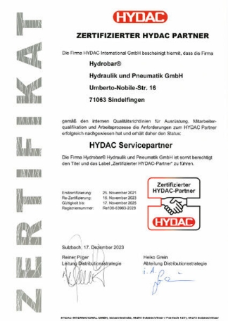 hydrobar-Hydac Zertifikat 2023